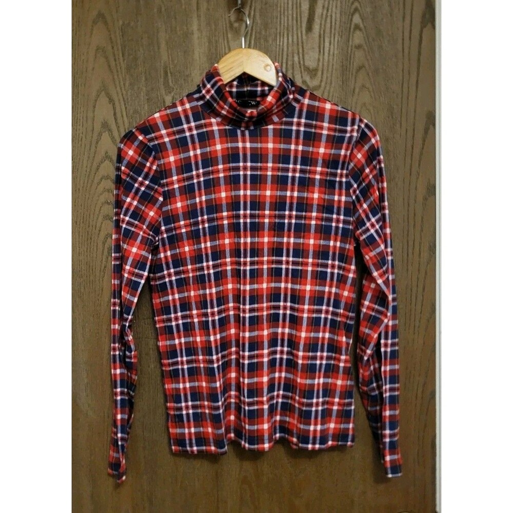 J Crew Womens BV995 Red/White/Blue Plaid Tissue Turtleneck Top Size Large